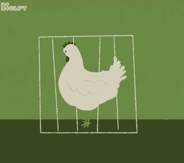 a chicken is in a cage with the word kulfy on the bottom right