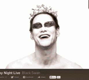 a man with white face paint and a crown on his head is on a screen that says black swan