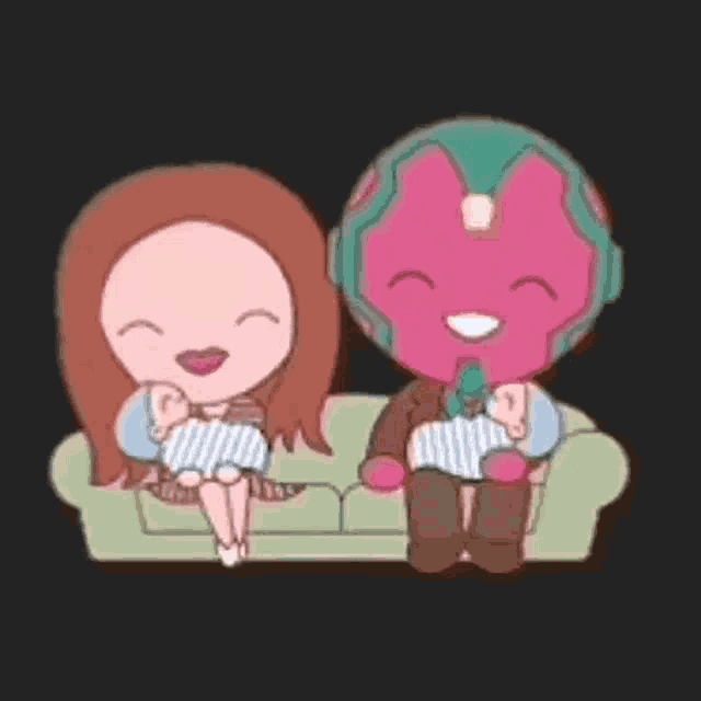 a cartoon of a man and a woman sitting on a couch holding babies .