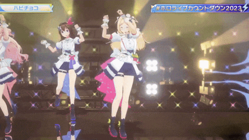 three anime girls are dancing on a stage with a sign that says # hololive countdown 2023