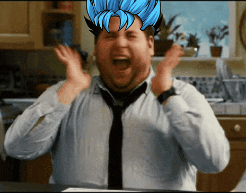 a man with a blue haired character on his head is screaming