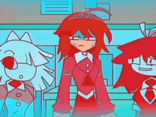 a group of three cartoon characters standing next to each other in a room .