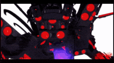 a black robot with red eyes and a purple glow