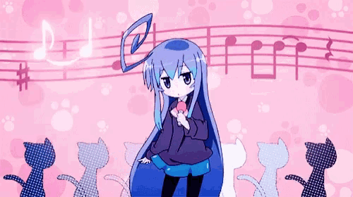 a girl with long blue hair is singing into a microphone in front of a pink background with musical notes .