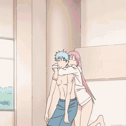 a drawing of a girl hugging a shirtless man