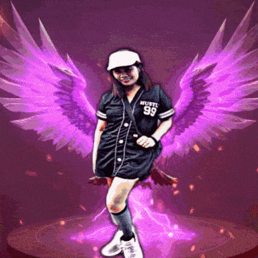 a woman wearing a mustel 99 jersey with purple wings behind her