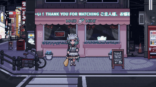 a pixel art drawing of a maid and mint store