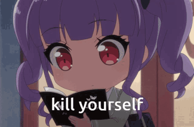 a girl with purple hair is reading a book with the words " kill yourself " on the bottom