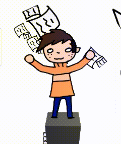 a cartoon drawing of a man standing in a box with papers falling out of it .
