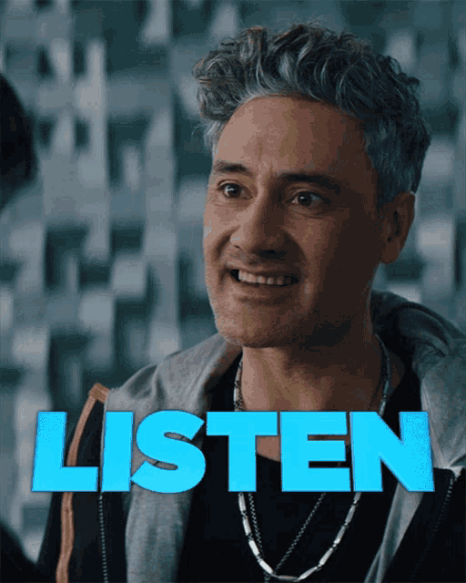 a picture of a man with the word listen in blue letters
