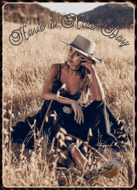 a picture of a woman in a field with the words have a nice day below her