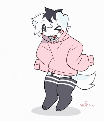 a drawing of a furry character wearing a pink hoodie and black socks
