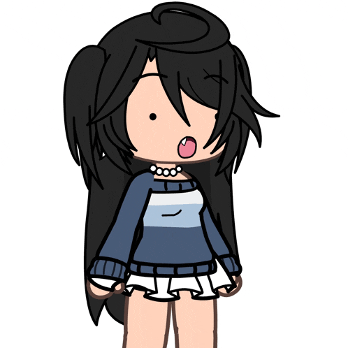 a girl with black hair is wearing a blue sweater