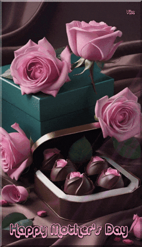 a happy mother 's day greeting card with roses and chocolates