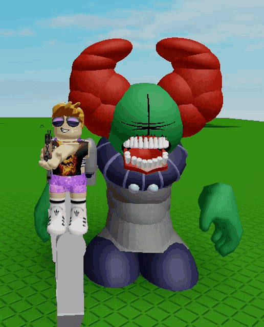 a girl holding a gun stands next to a green monster