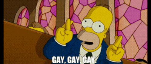 a cartoon of homer simpson giving the middle finger and saying gay gay gay