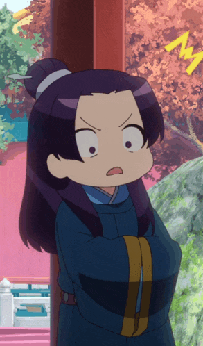 a cartoon character with a surprised look on her face is standing next to a pole