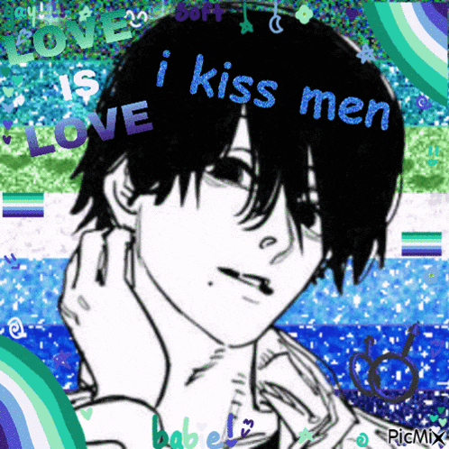 a black and white drawing of a man with the words " i kiss men " on it