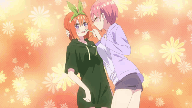 two anime girls are standing next to each other and one has a leaf on her head
