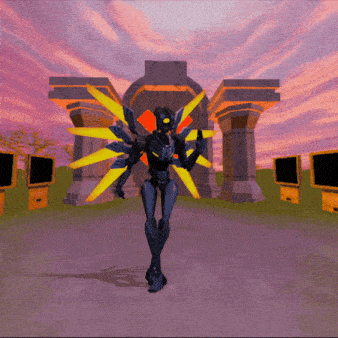 a computer generated image of a robot with yellow wings standing in front of a building