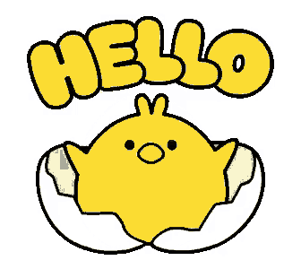 a yellow chicken is coming out of an egg with the word hello written above it .