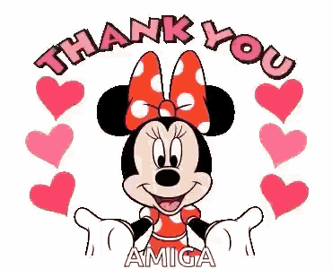 minnie mouse is wearing a red dress with a bow and hearts around her .
