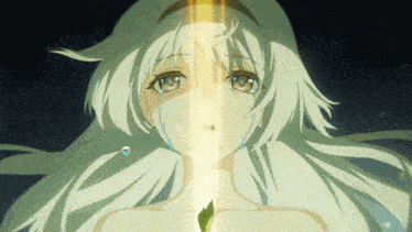 a girl with white hair is crying and holding a green leaf