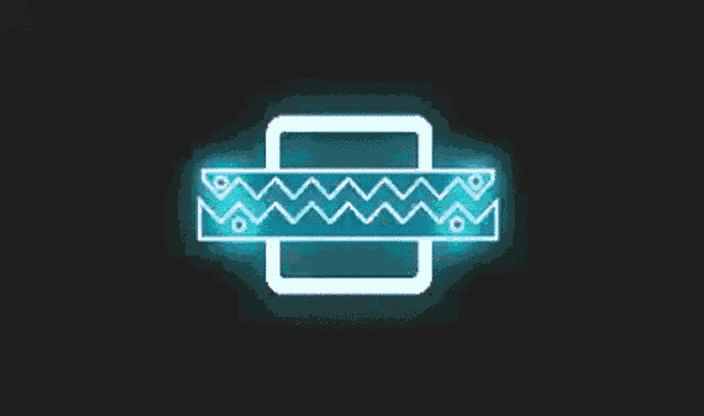 a blue , red , and white logo with a glitch effect on a black background