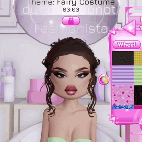 a girl in a bathtub in a video game with a wheel button