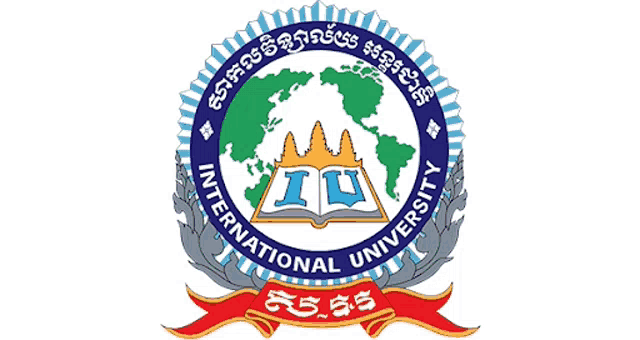 a logo for the international university with a globe and a book in the center