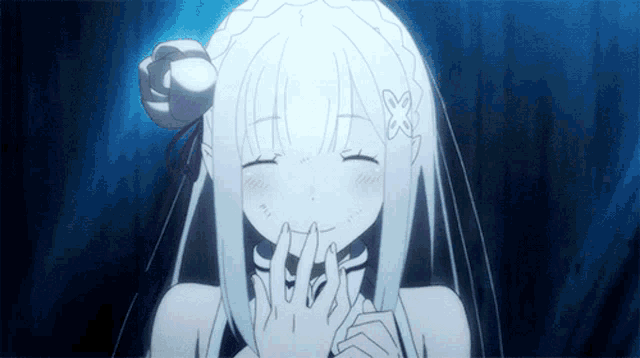 a girl with white hair and a flower in her hair is covering her mouth with her hands