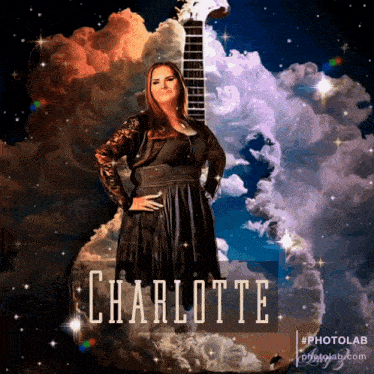 a woman holding a guitar with the name charlotte on the bottom right
