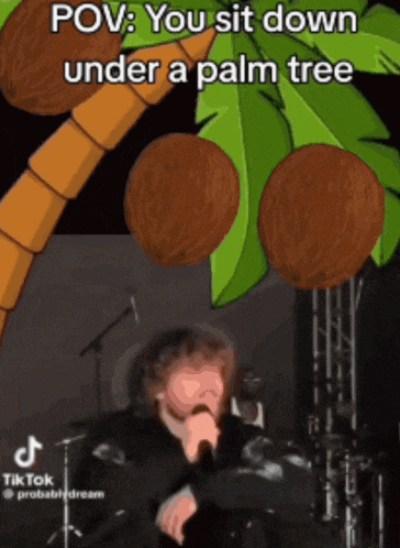 a man singing in front of a palm tree that says pov