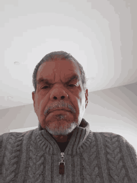 a man with a beard wearing a grey sweater with a zipper on the front