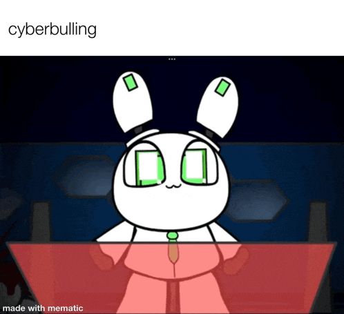 a cartoon of a white bunny with green eyes and the words cyberbullying on the top