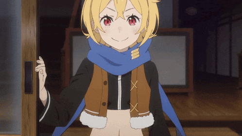 a girl with yellow hair and red eyes is wearing a scarf