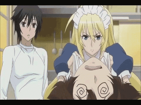 a girl with a maid outfit is holding a boy 's head