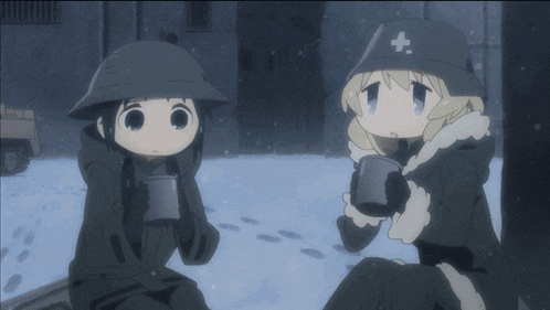 two anime characters are sitting in the snow one has a white cross on her hat
