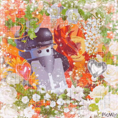 a picture of a man in a top hat surrounded by flowers and hearts with the words picmix on the bottom