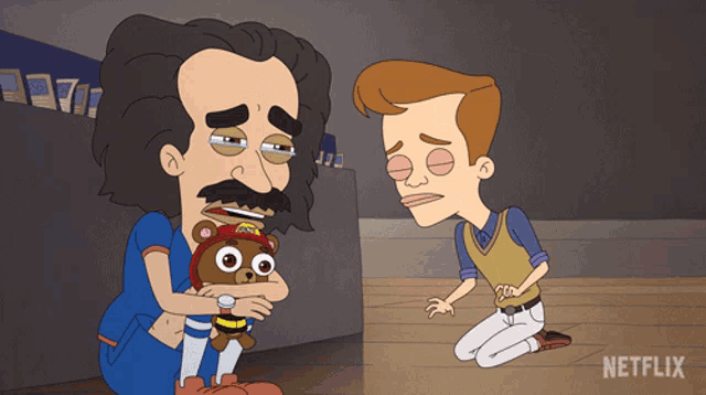 a cartoon of a man holding a teddy bear with a netflix logo in the corner