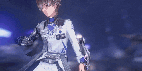 a man in a white and blue uniform is holding a gun in his right hand .