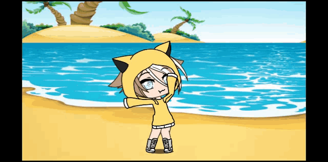 a cartoon girl wearing a cat hoodie is standing on a beach