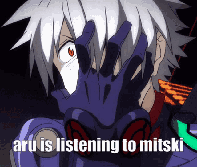 a cartoon character covering his face with his hands and the words aru is listening to mitski below him