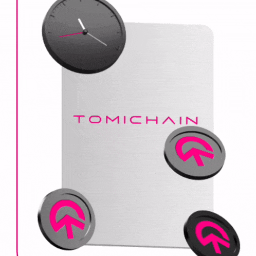 a clock and some coins are on a tomichain sign