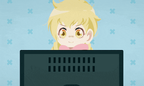 a cartoon character is looking at a computer screen