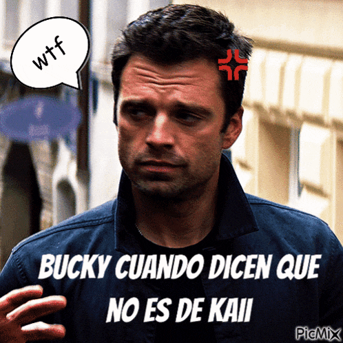 a picture of a man with a speech bubble that says wtf and bucky cuando dicen que no es de kaii