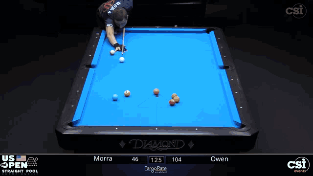 a man is playing pool on a diamond pool table sponsored by csi