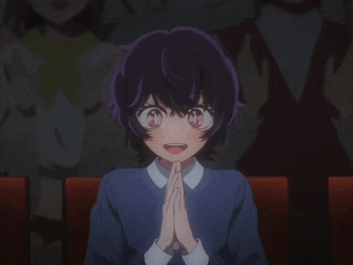 a girl with purple hair is sitting in a dark room with her hands up