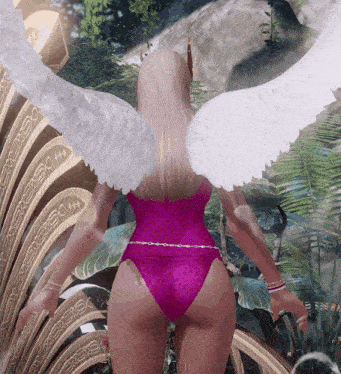 a woman in a pink swimsuit has white angel wings on her back