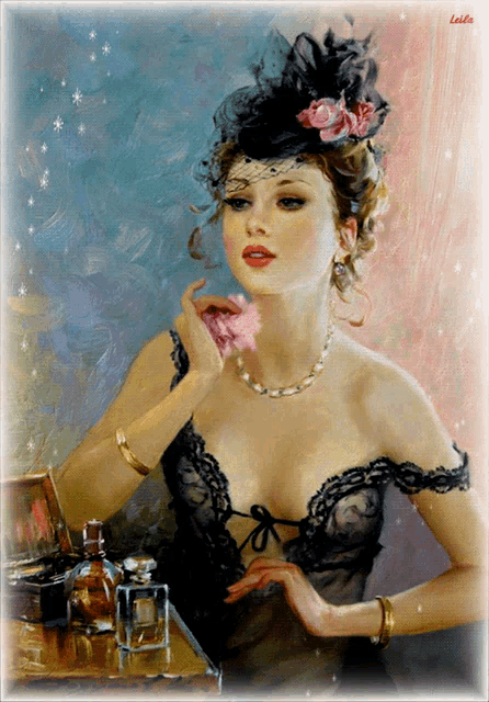 a painting of a woman with the name leila on the bottom right corner